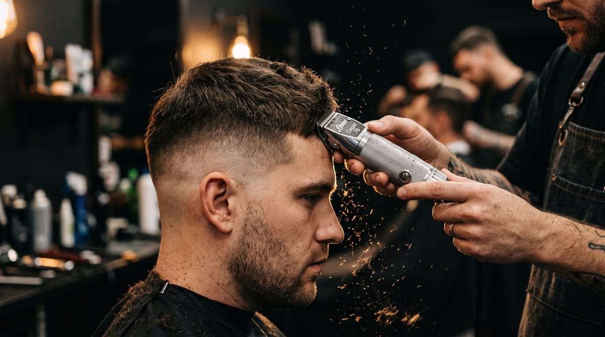 Clippers working through a fade in a busy barbershop
