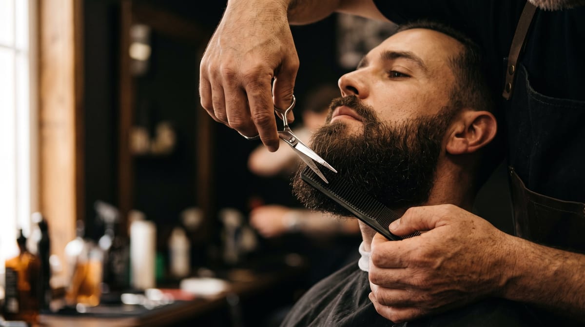 A barber shaping a full beard with scissors and a comb