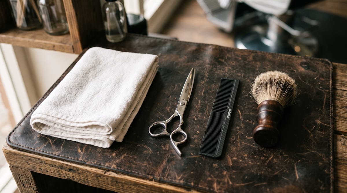 Scissors, comb and shaving brush laid out on a barber station