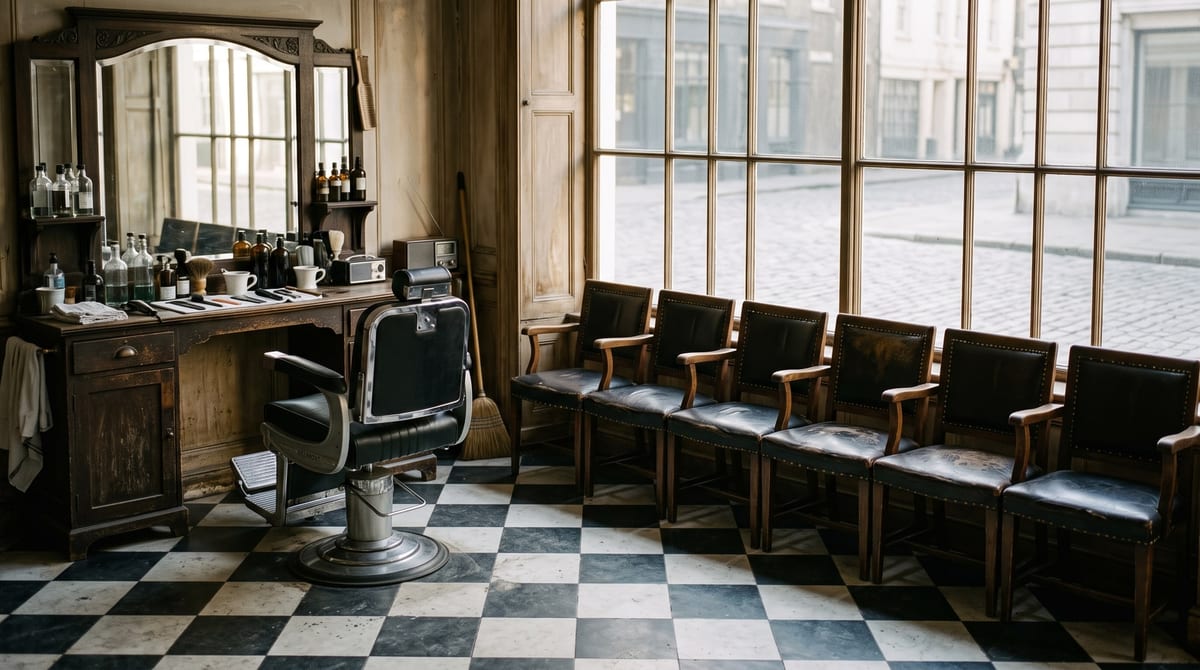 Empty waiting chairs by the window of a traditional barbershop