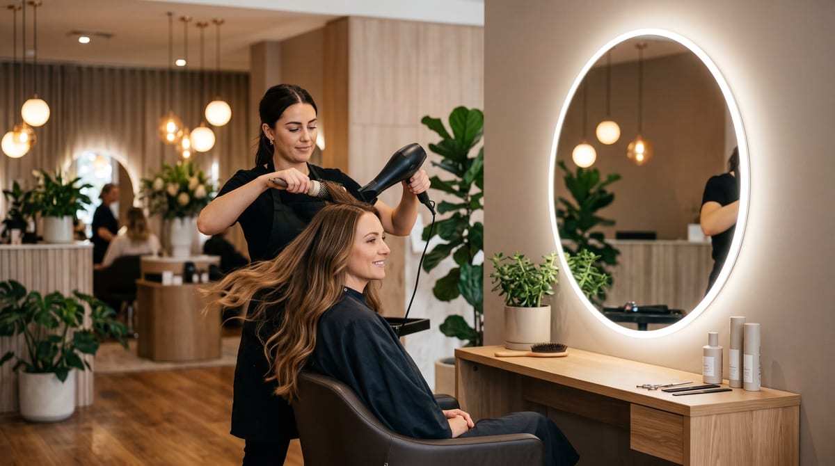 A stylist blow-drying a client's long hair in a bright salon